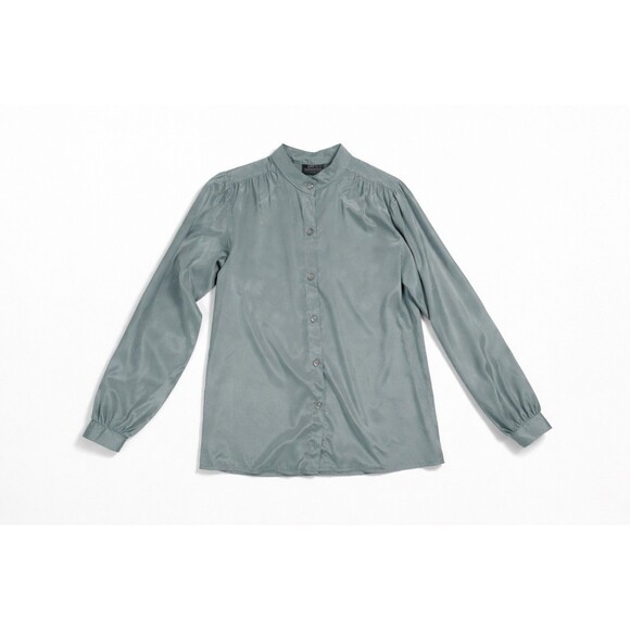 Vintage Sage Satin Blouse M L Band Collar 90s Minimalist Balletcore Silk Feel - Picture 2 of 5